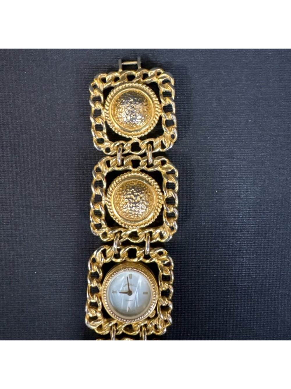 Vintage Gold-Tone Quartz Bracelet Watch With Textured Links & Roman Numeral Dial - Picture 3 of 9